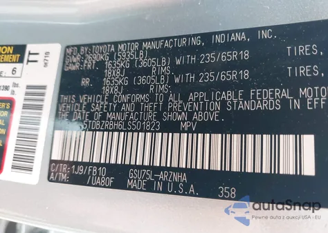 2020 Toyota Highlander Le from USA, damaged, VIN 5TDBZRBH6LS501823